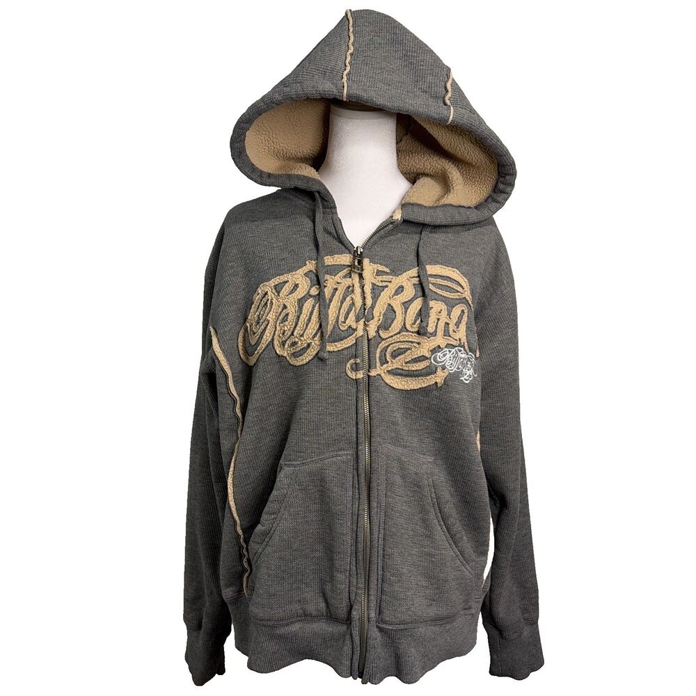 VTG Billabong Full Zip Hoodie S Gray Sherpa Thermal Spellout Logo Sweatshirt Y2K